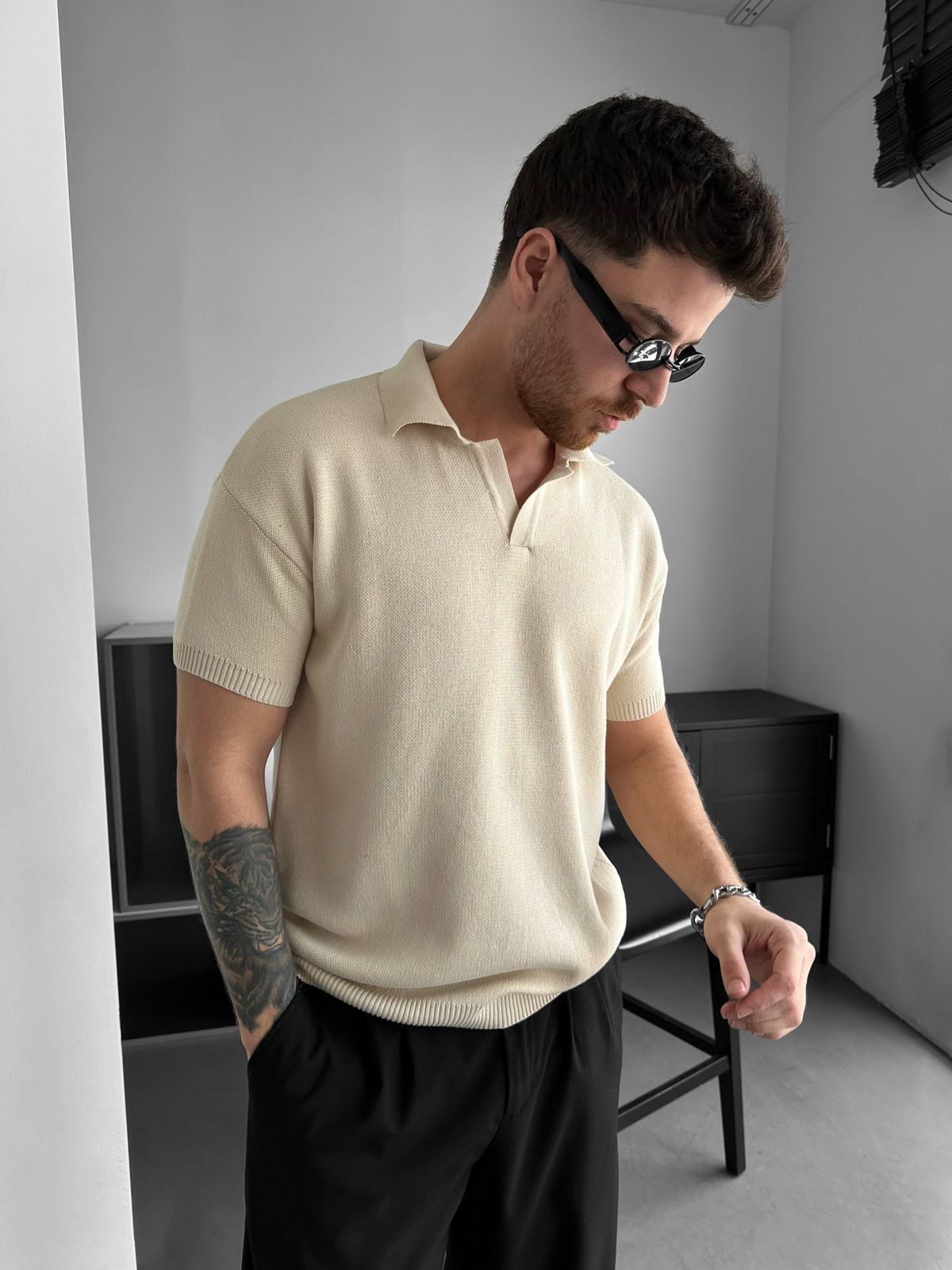 Beige Knit Polo Shirt