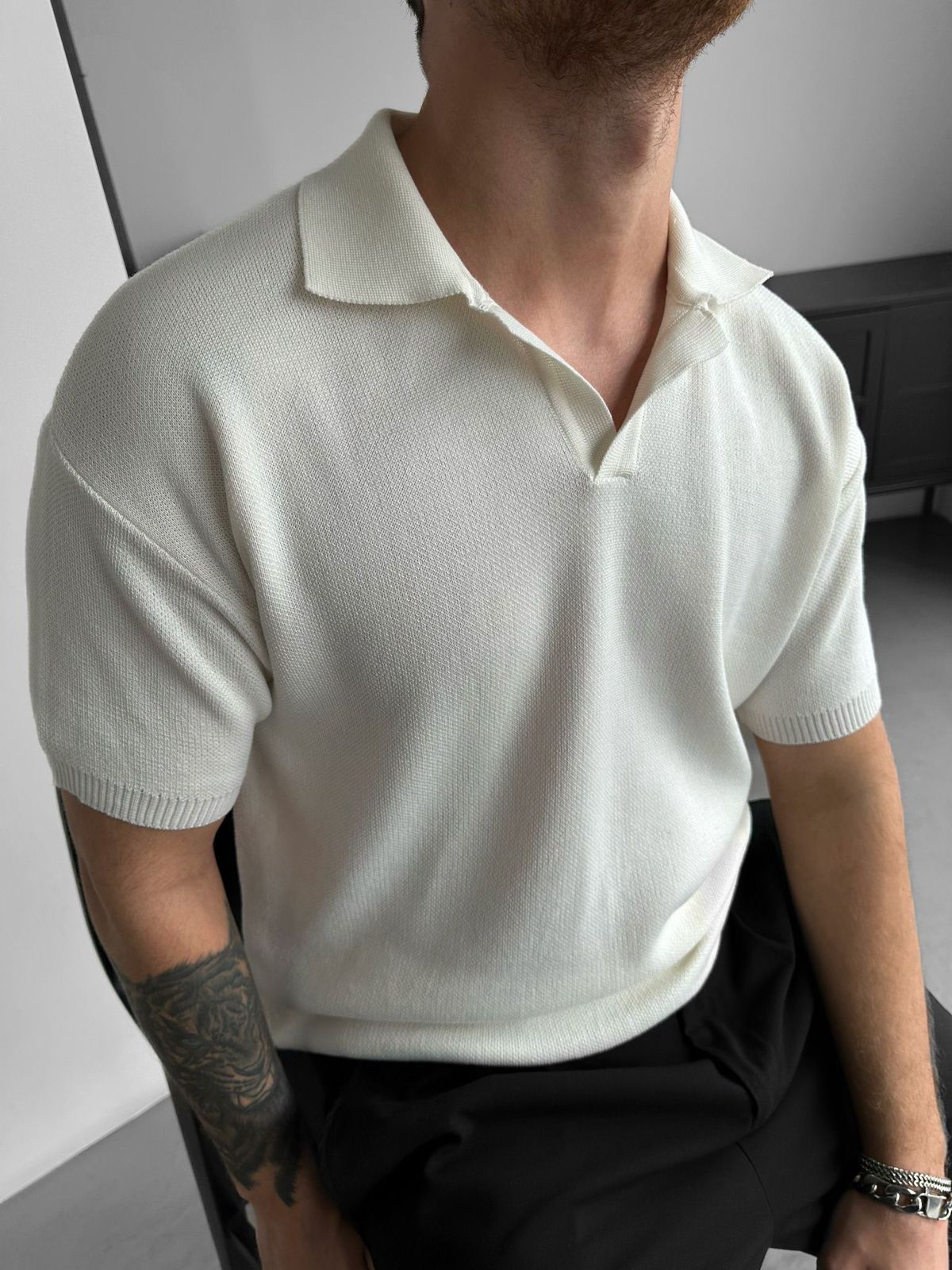 White Knit Polo Shirt